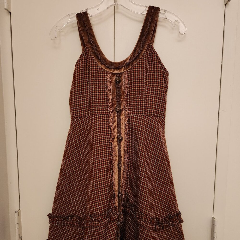 Axes Femme Brown Fall Plaid lace ruffle sleeveless dress